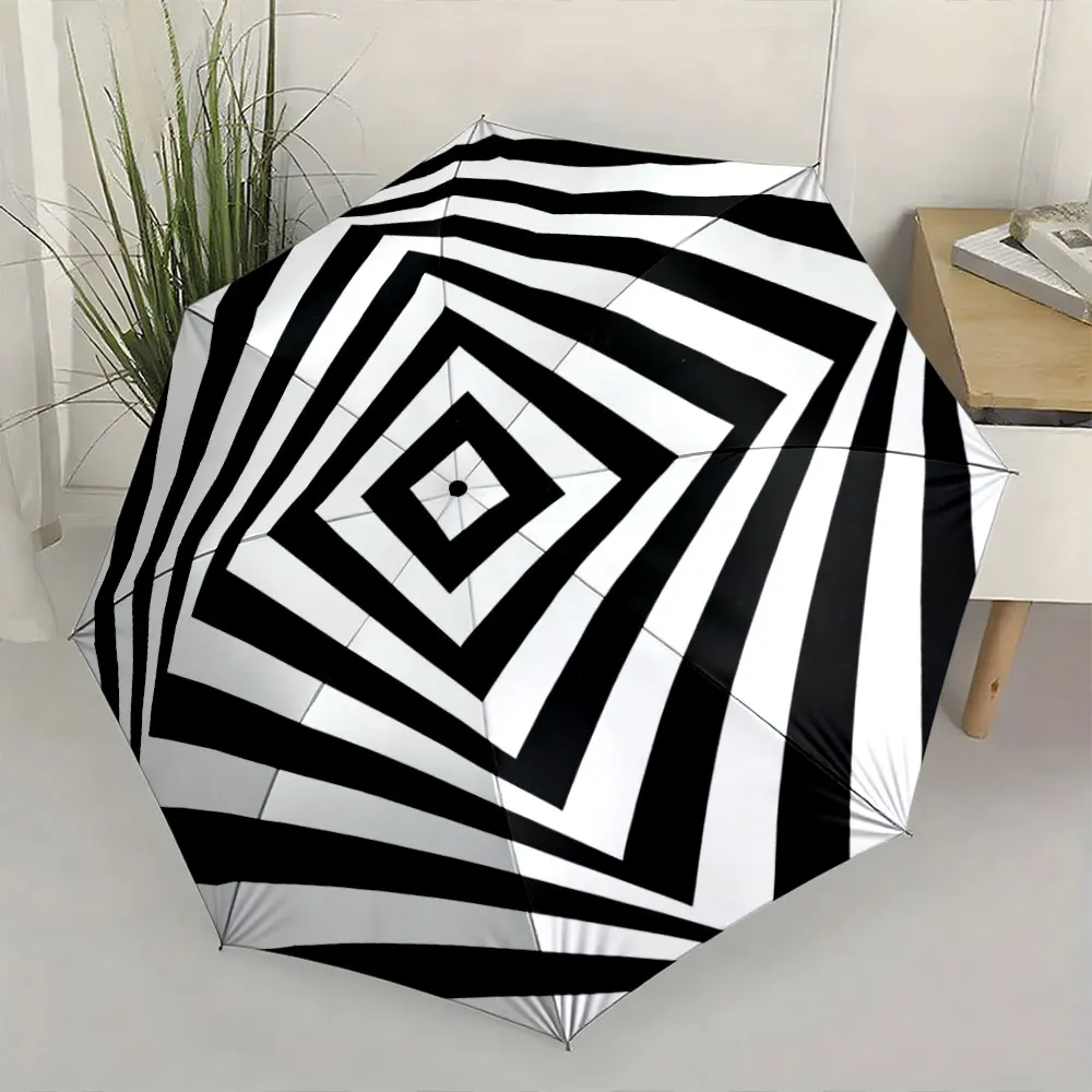1PC Black and White Geometric Patterned Umbrella Print 8 Iron Ribs Folding Umbrella Auto-Open Fashion Sunshade