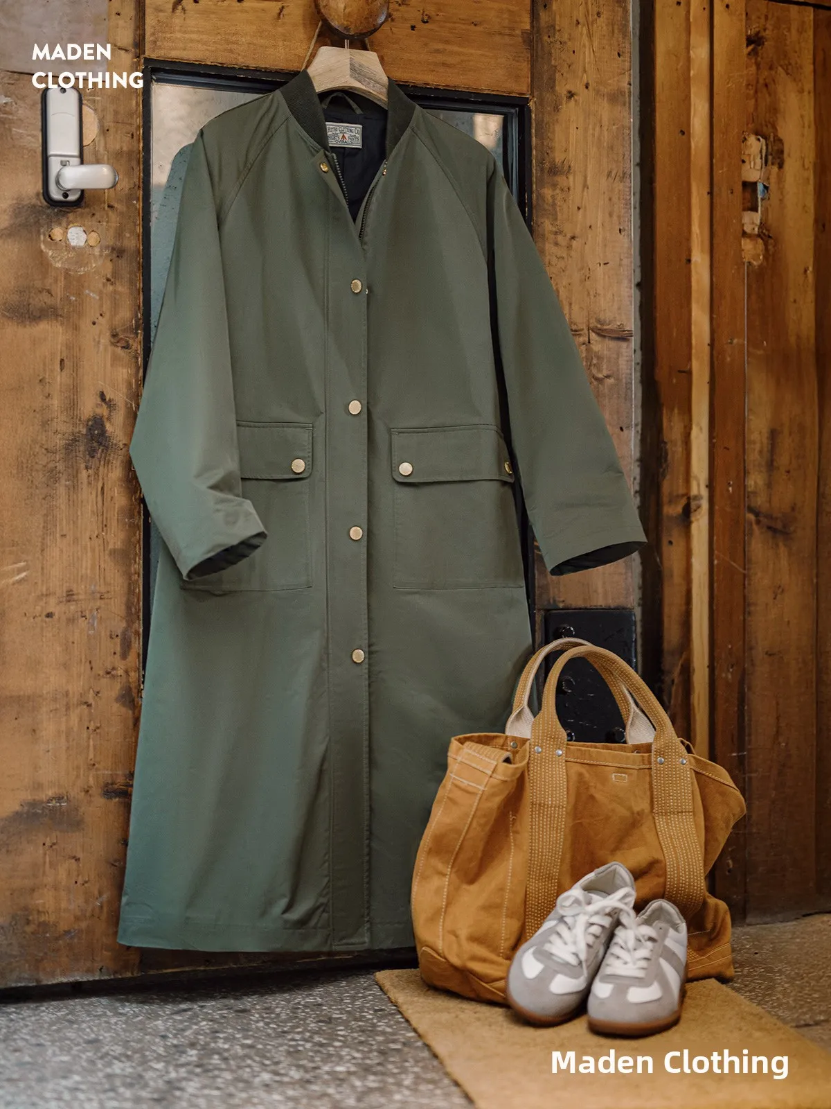 

Maden Vintage Olive een Longline Loose Women's Coat with Flap kets Workwear Outerwear for Autumn Season