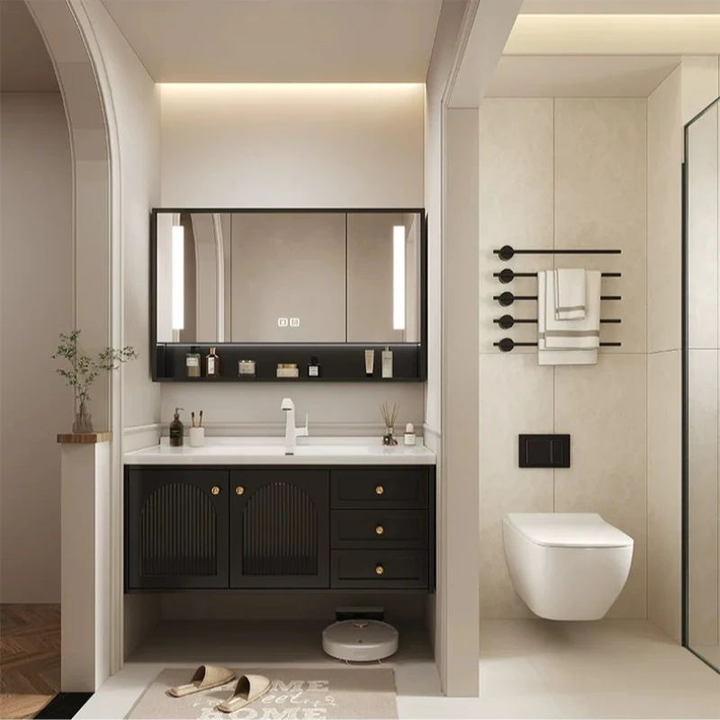 Classic French Style Dark Oak Bath Vanity Unit Fluted Cabinet Door Design with All-in-One Ceramic Wash Basin & Wall Mount