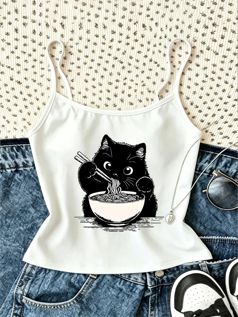 Japanese Style Ramen Cat Print Camisole Top Retro Casual Crop Top Vest Spring Summer 90s New Arrival Women'S Tank Top