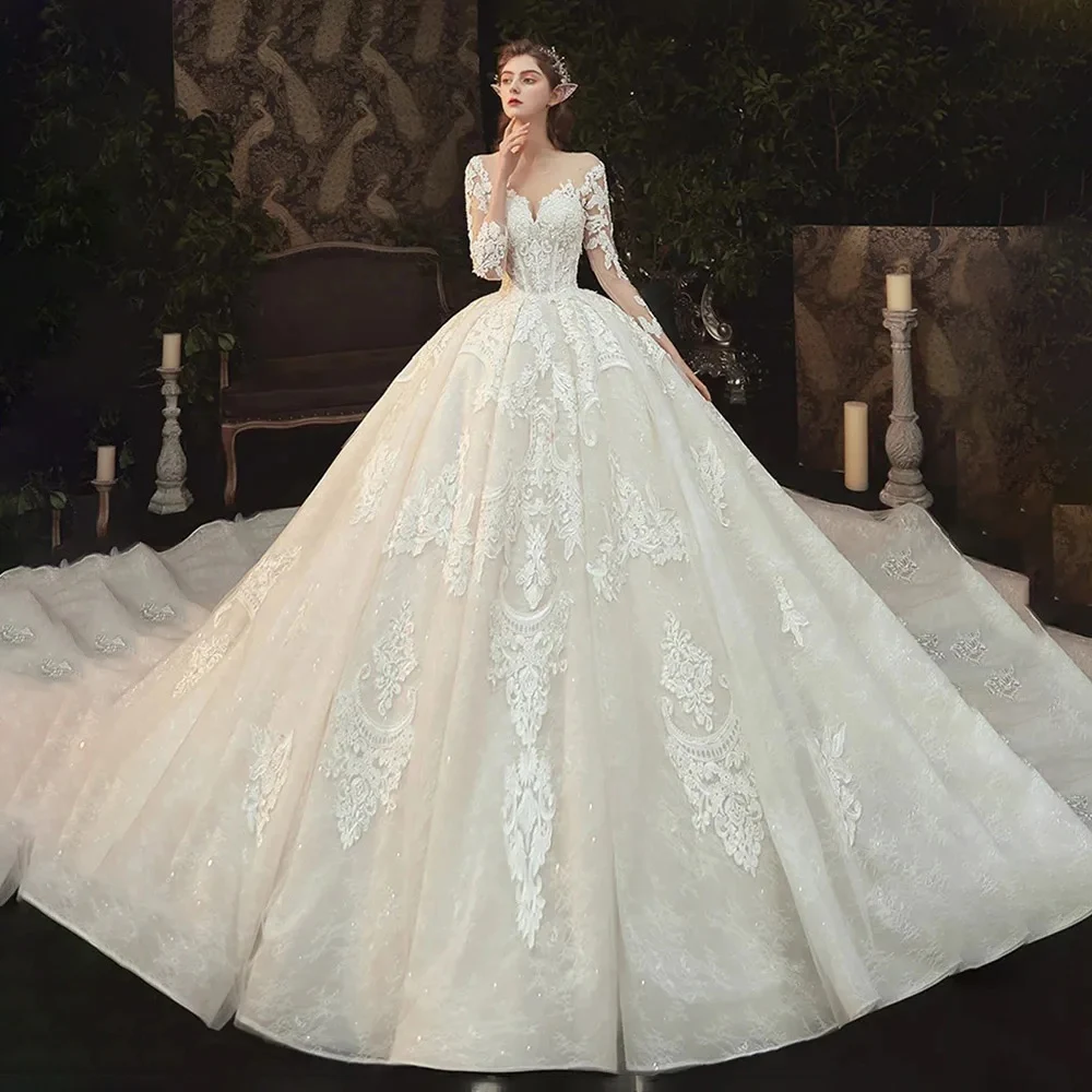 Luxury A Line Bridal Gowns 2024 V-neck Long Sleeve Lace  Wedding Dress Customized High Quality Princess Bride Dresses