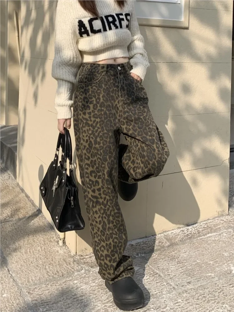 

Jeans Leopard Print Spring Autumn Long Pant Women Loose Pleated Fashion High Waist Ladies Trousers Korean Woman Straight Pants