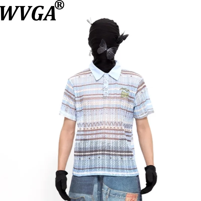 

WVGA Spring Summer New Men's Tide Color Block Patchwork Hollow Out Striped Design Short Sleeve Shirts Niche Chic Shirt Ins W8864