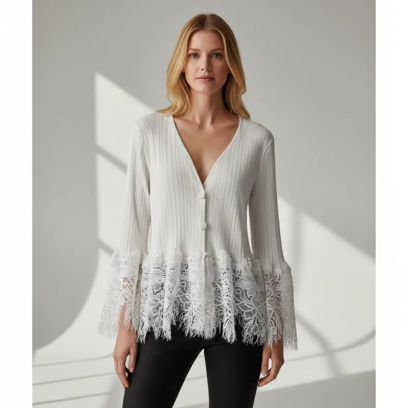 

Miyake Pleated Jacket 2026 Spring New French High Sense Lace Splicing Hollow V-neck Long-sleeved Fold Jacket Female Elegant Tops