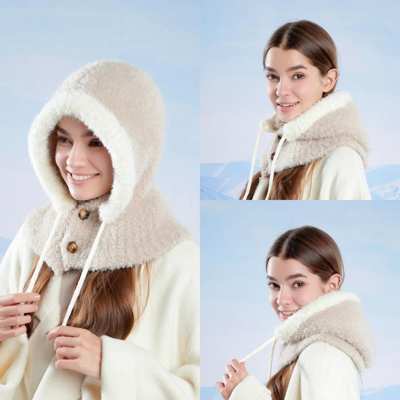 

Korean fashionable plush balaclava hat for winter outdoor warmth ear protection scarf combined women's style head covering