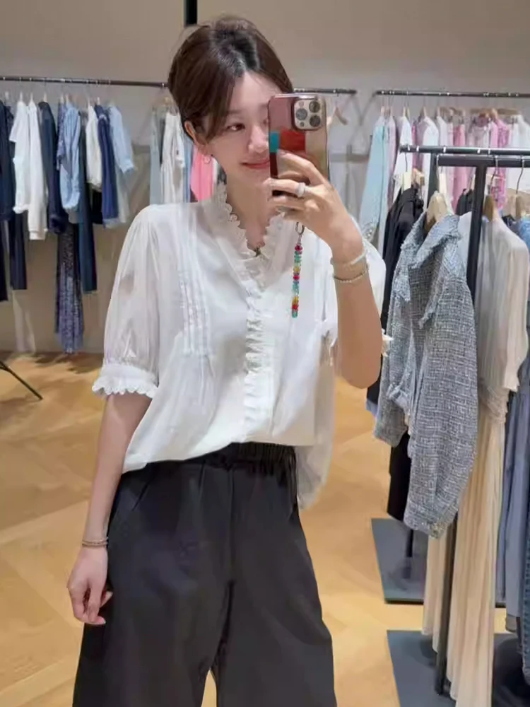 

Nuo Xiaola Select 2025 летний новый бренд BER Lace Splicing ort Sve irt Корейский свободный крой из чистого хлопка с v-образным вырезом