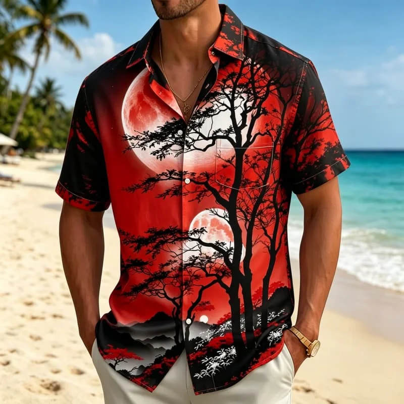 Sunset Moon Night Coast Navigation Style Printed Short Sleeve Shirt With Pocket, For Summer Beach Vacation Casual Wear