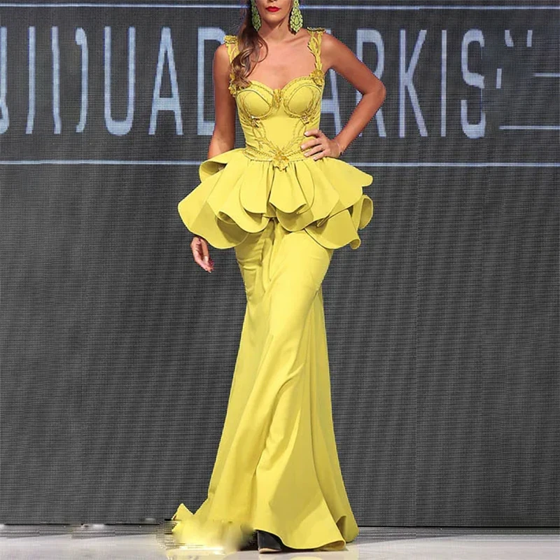 Yellow Spaghetti-Straps Formal Evening Dresses 3D Applique Ruffle Celebrity Dresses Customized فساتين سهرة