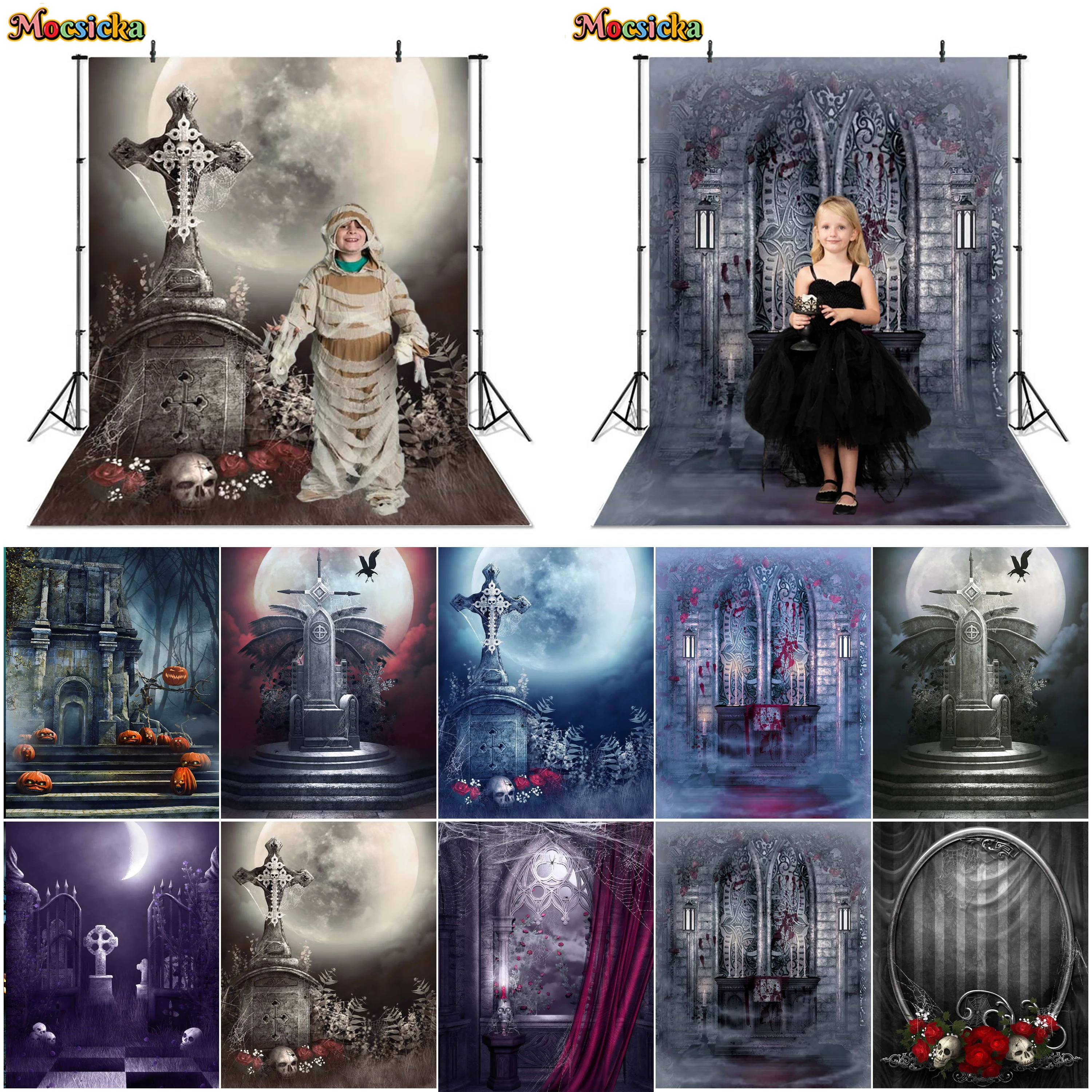 

Halloween Background Photography Horror Night Scary Skeleton Graveyard Photo Backdrop Family Party Decoration Photo Booth Props