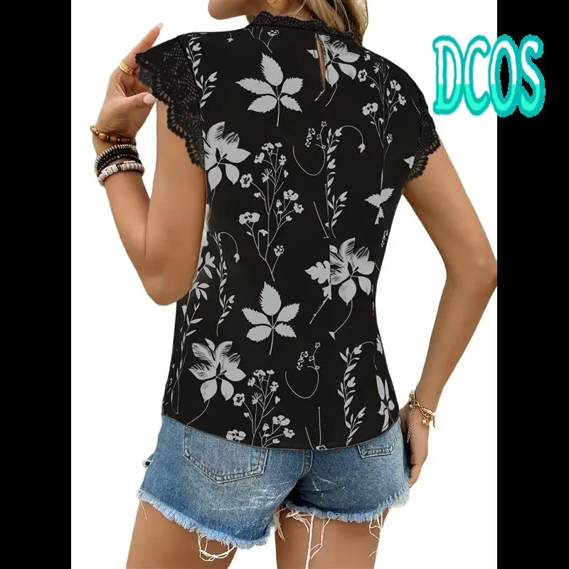 

DCOS-Women's Floral Graphic Lace Blouses Crew Neck Cap Sleeve Boho Shirts