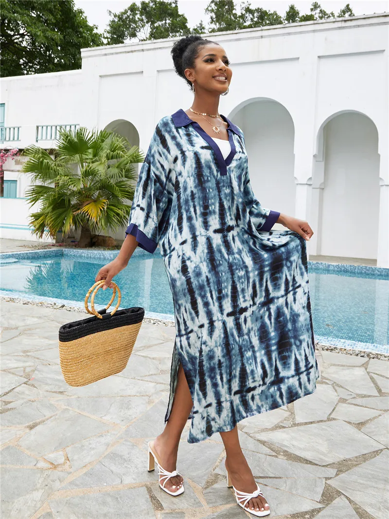 جديد التعادل صبغ حجم كبير قفطان بيكيني الغطاء ups عادية الخامس الرقبة ماكسي فستان المرأة الصيف ملابس الشاطئ بدلة السباحة التستر