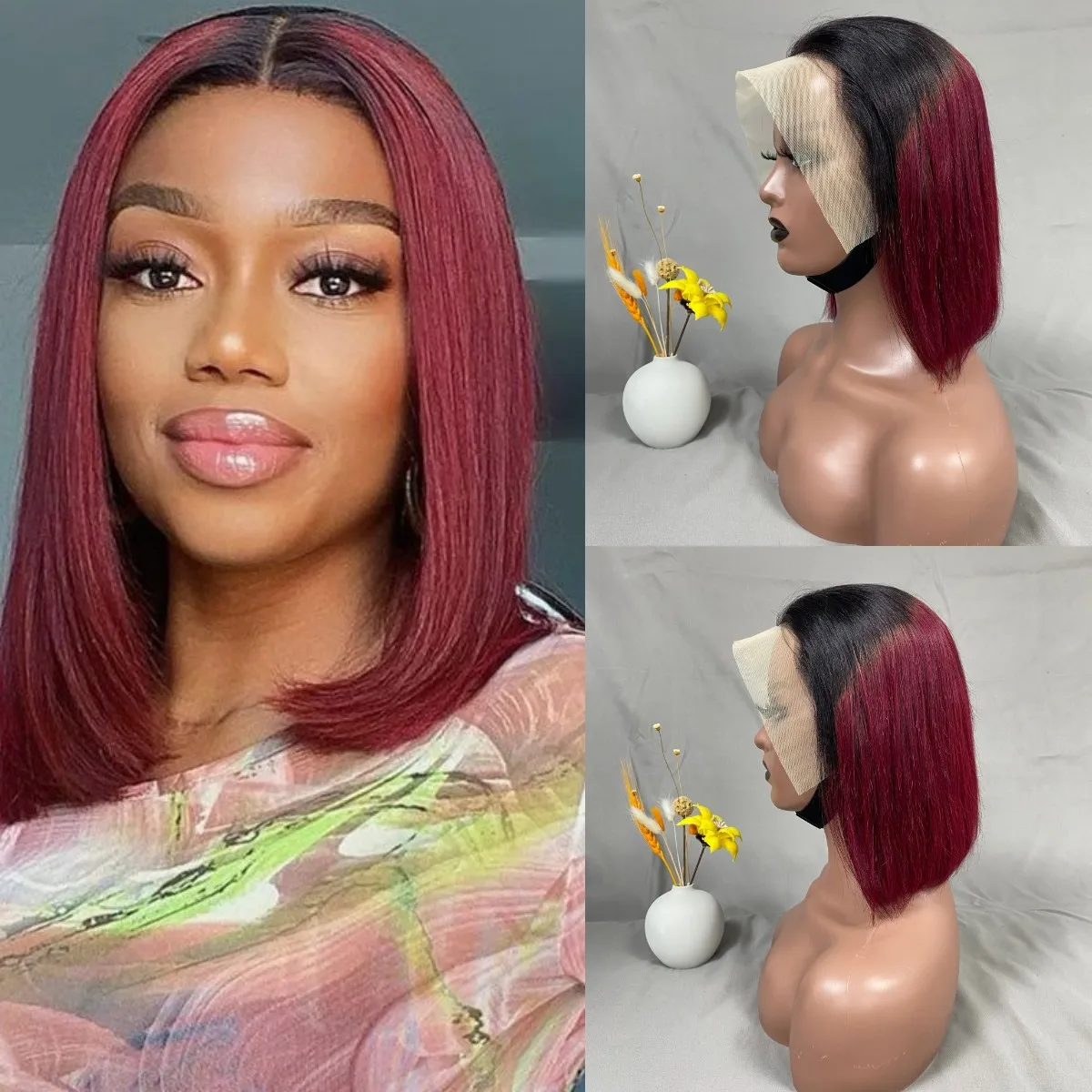 13x4 Lace Front Wigs Human Hair Bob Frontal Wigs 1B 99j Short Straight Bob Wig Human Hair 1B Burgundy For Black Women 12 Inch