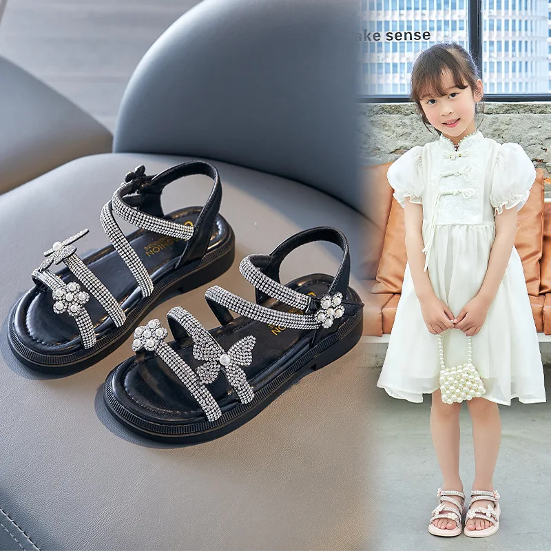 Little Girl's Sandal Summer Kids Princess Sandals Children Soft-soled Beach Sandals fit 2-13Years Old Kid Shoes Pink Black Beige