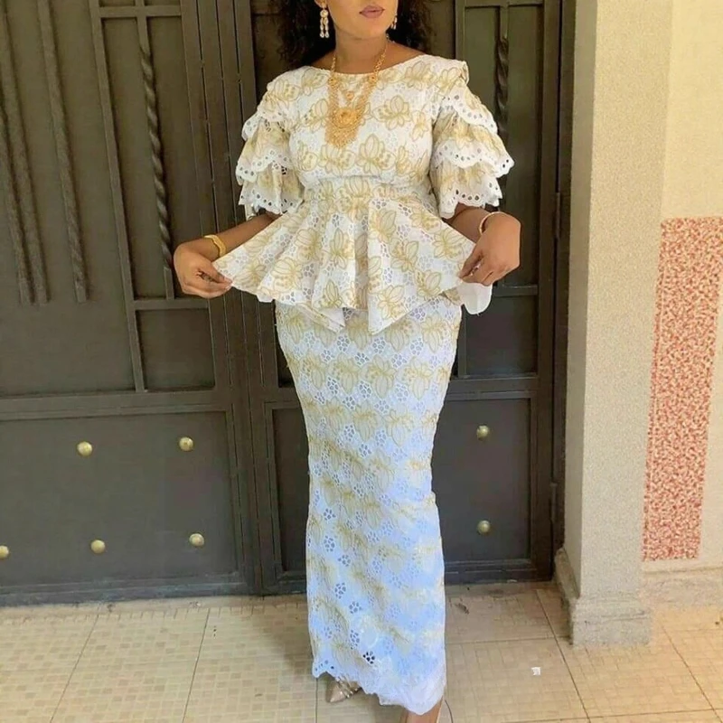 

2026 Summer Style Commuter Large Embroidery Lace Waist Top and Long Skirt Two Piece Set