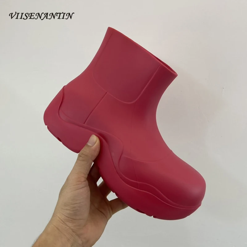 Spring Autumn New Rain Boots Thick Bottom Round Toe Solid Color Upper Ankle Boots Classic Slip on Little Fresh Cute Short Boots