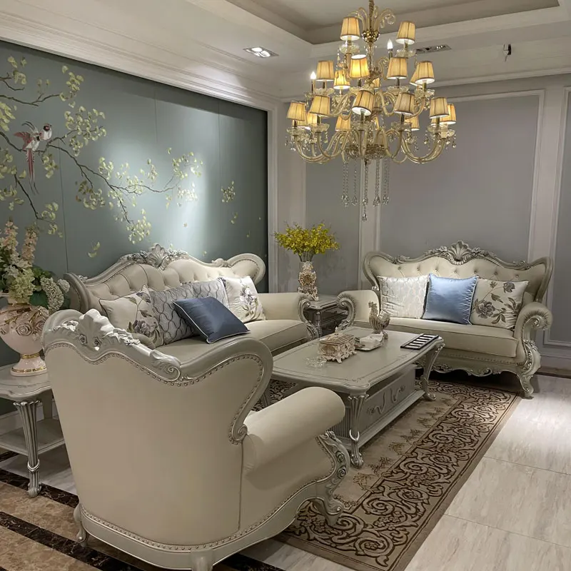 

French light luxury leather sofa villa neoclassical luxury living room size simple European solid wood carving flower furniture