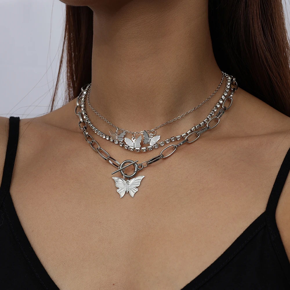 

3pcs/set Silver Color Butterfly Pendant Necklace for Women Girls Crystal Choker Necklaces Chain Party Jewelry Gift