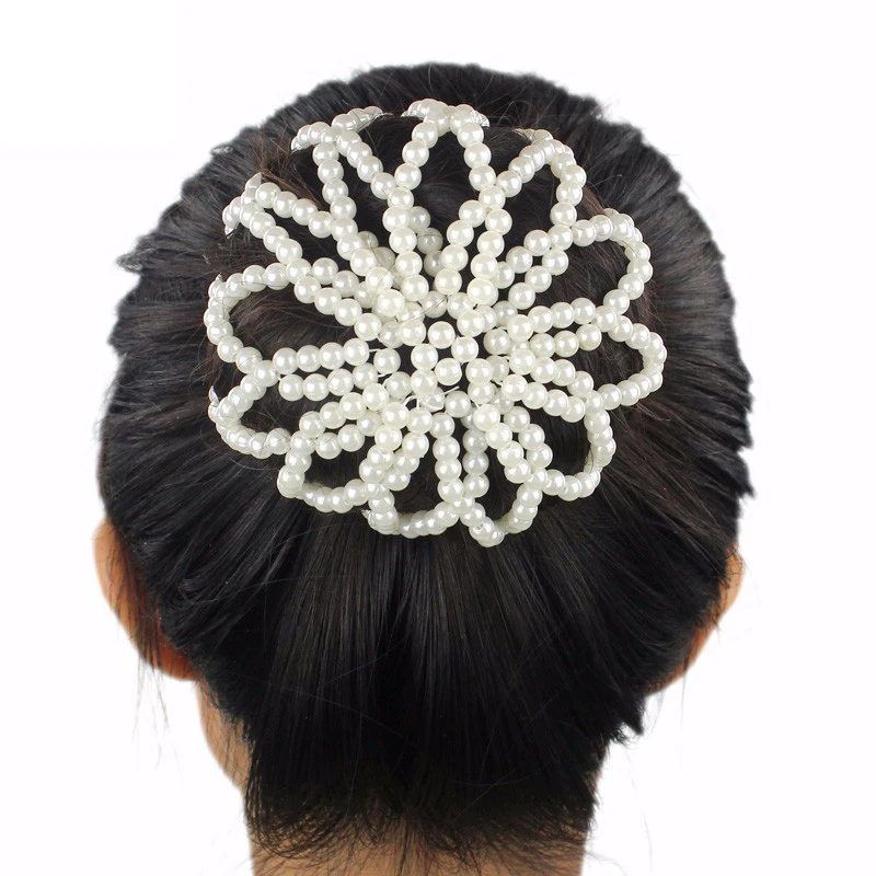 New 1pcs Hair Bun Cover Ballet Dancing Snood Net Handmade Crochet Pearl Elastic Hair Snood Hair Net Dancer Hair Bun Cover