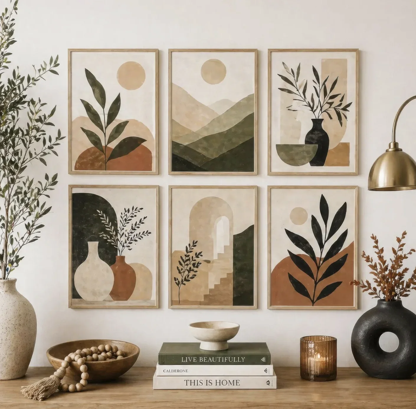 (No frame)Boho Neutral Botanical Wall Print, Abstract Mountain Leaf Canvas Print, Minimalist Earth Tone Decor for Bedroom Liv