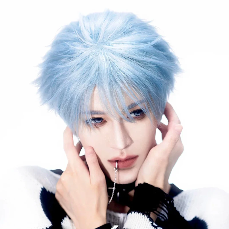 Anime nanakazaki shinichi peruca cosplay feminino masculino azul cabelo curto resistente ao calor perucas sintéticas halloween carnaval prop
