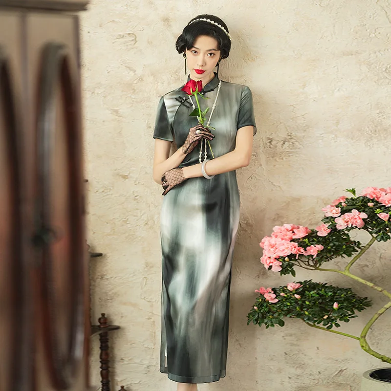 High Quality High-Grade Real Silk Dress Chinese Improved Catwalk Cheongsam Qipao Long Summer High-End Female Suzhou 2024