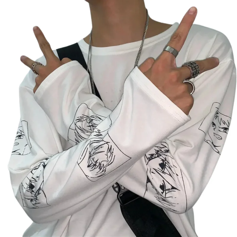 Harajuku Streetwear Cartoon Anime Printed Long Sleeve T-Shirt Women Men Clothing Spring Autumn Y2k Punk Tops Tee Grunge Outfits