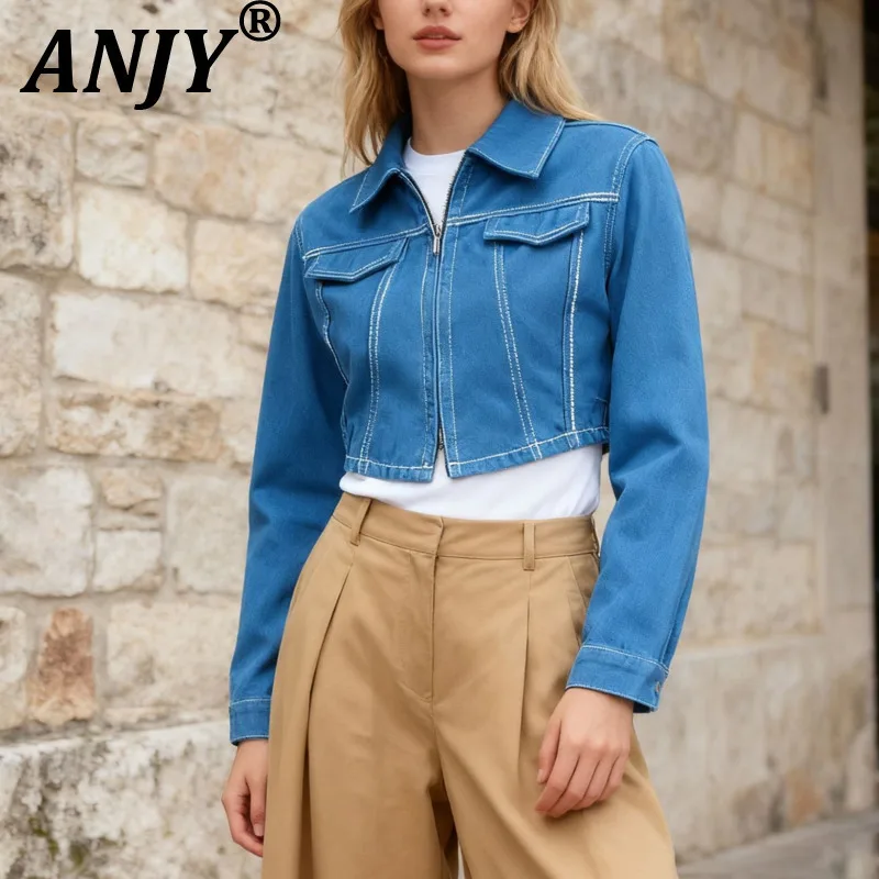 

ANJY 2025 Autumn New Women's Clothing Fashion Simple Temperament Versatile Short Denim Jacket Slim Fit Trendy Casual Coat A15283