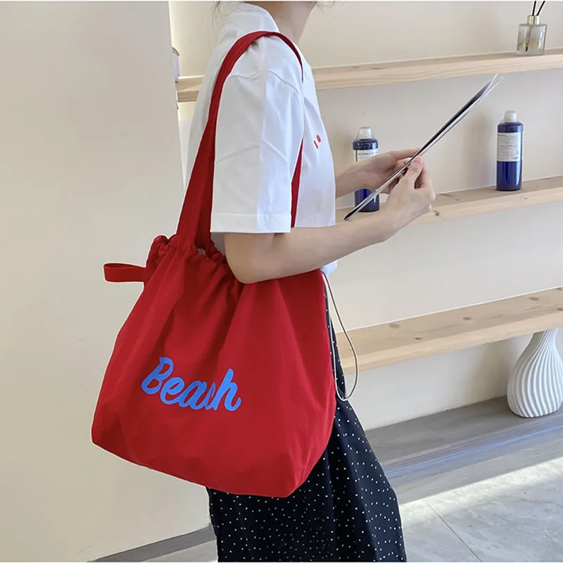 

Casual Shopping For Girls Red Color Beach Bag Cosmetic Bag Storage Bag Ins Tote Bag Women Shoulder Bag Canvas Handbag Letter