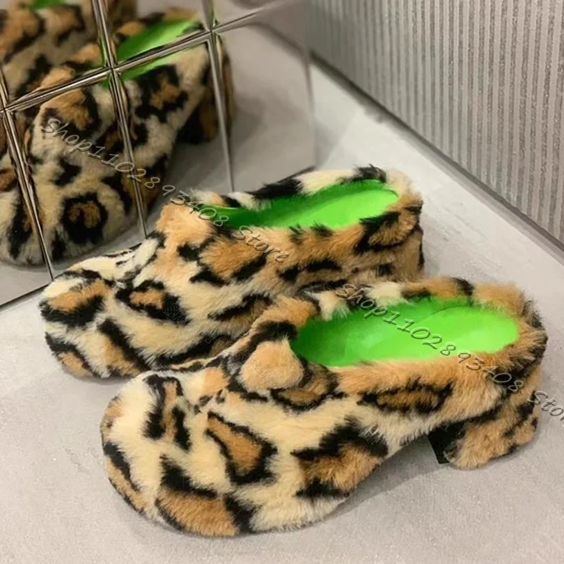 Leopard Print Fur Decor Pumps Slingback Chunky High Heels Women Shoes Autumn Warm Casual Pumps Design Shoes Zapatos Para Mujere