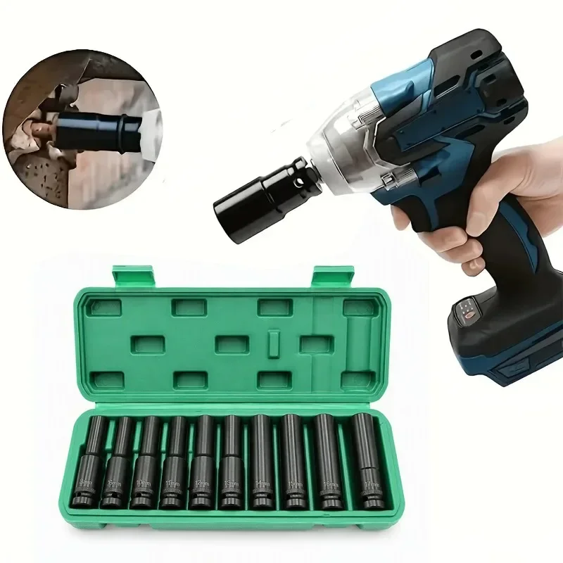 New 10Pcs 1/2 Inch Drive Metric Deep Impact Socket Set High Strength Long Sockets For Pneumatic Wrench Auto Repair Maintenance