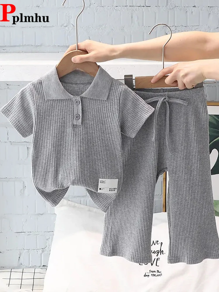 Gray Girls Casual Conjuntos Polo Collar Short Sleeve Tops + Baggy Wide Leg Pants Ensembles Summer Thin Children's 2 Piece Sets