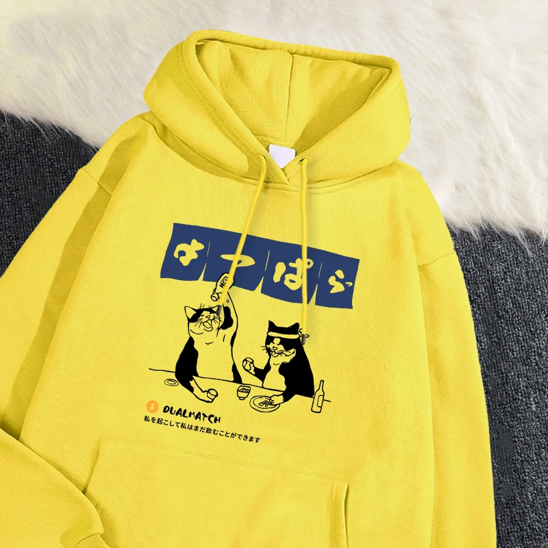 Fashion Woman Hoodie Original Japanese Retro Cat Printed Sweatshirt Loose Pocket Warm Fleece Pullover Autumn Winter Streetwear