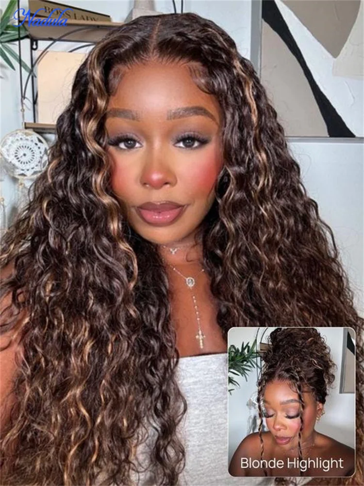 

Распродажа 7x5 Bye Bye Knots Water Wave Highlight Wig Темно-коричневый с светлыми бликами Put On and Go Парик из человеческих волос