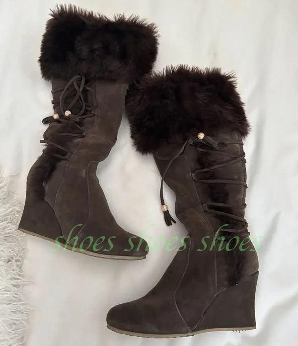 Punk Wedge Knee High Winter Boots Dark Brown Faux Suede Faux Fur Cuff Side Lace-Up Round Toe Gladiator Women Warm Suede Boots 46
