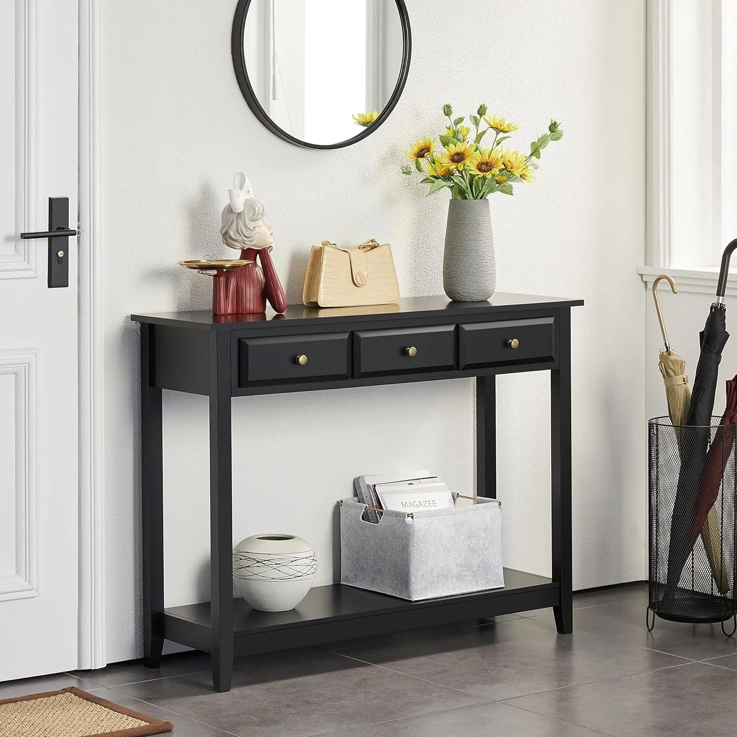 3 Drawers, Wood Entryway Table with Storage Shelf, Sofa Table Narrow Long for Living Room, Entryway, Hallway, Foyer, Black