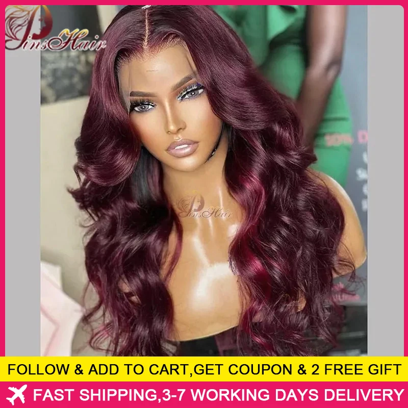 Dark Burgundy 13×6 Lace Frontal Wig 34 Inch 99J Red Colored Transparent Body Wave 13x4 Lace Front Human Hair Wigs Remy Pre-Pluck 