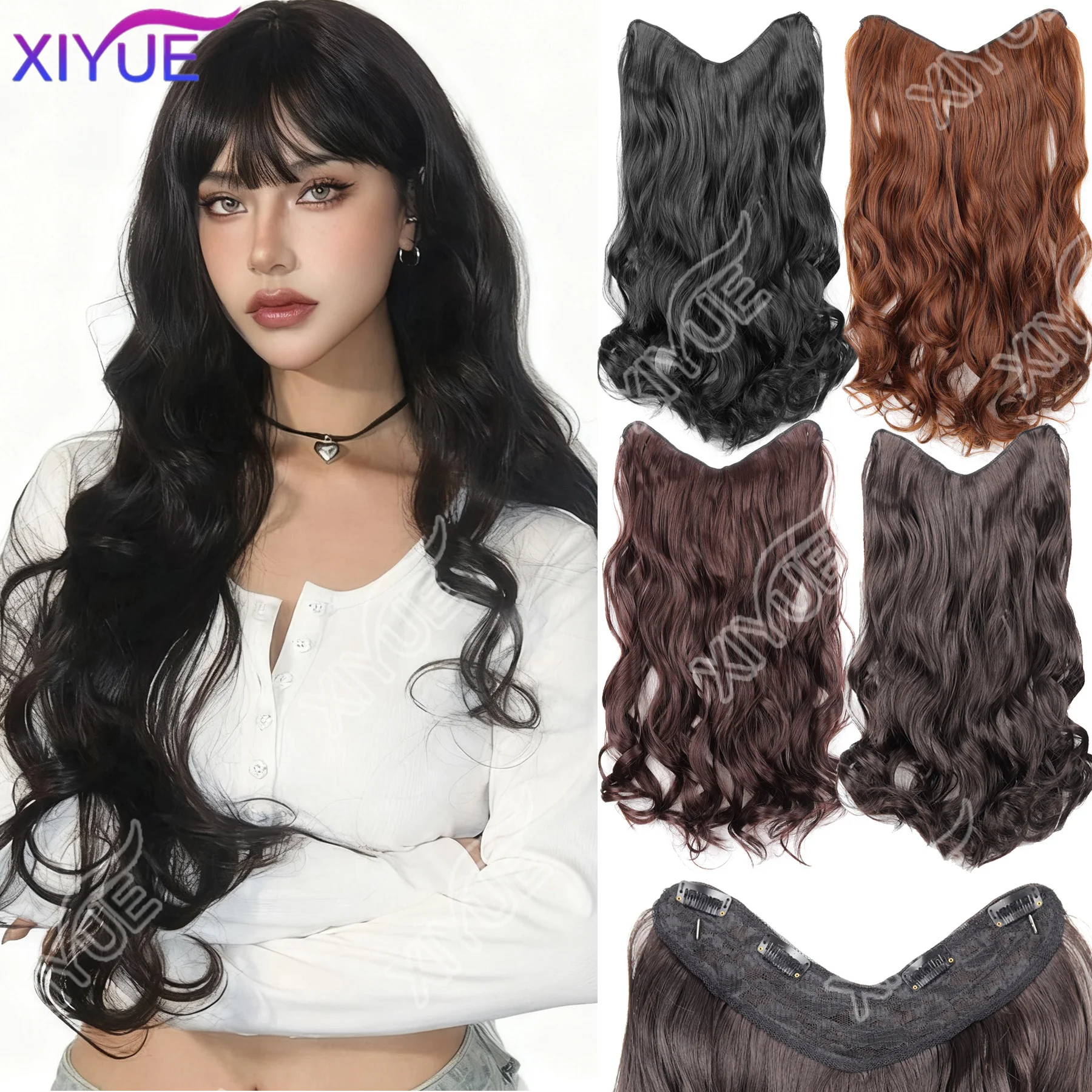 XIYUE 20Inch Synthetic Long Wavy Curly 4 Clip in Hair Extension V-shaped Heat Resistant Black Blonde Hairpiece for Women