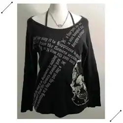 Halter Neck Strap Top Long Sleeve Skull Print Graphic T-shirt Women Y2k TShirts Punk Gothic Style Tee Shirt Femme 2024 New