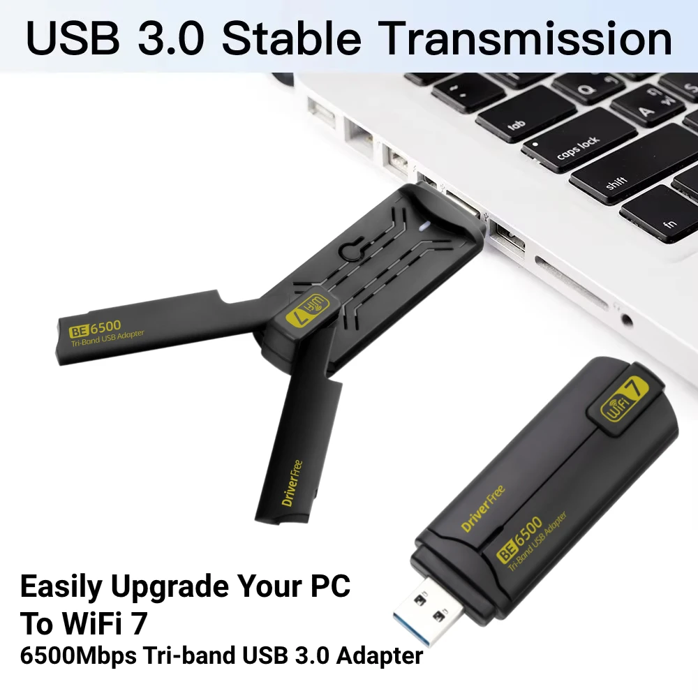 WiFi 7 USB Adapter BE6500 2.4G&5.8G&6GHz Wireless Network Card 802.11be 6500Mbps Free-Drive WiFi7 Adaptador for Win10/11