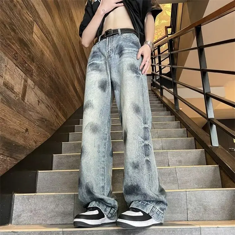 

Retro American Heavyweight Men's Jeans Distressed Washed out Wide Leg Straight Cut Loose Fit Long Trousers Fashion Brand