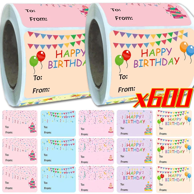 200/600PCS Happy Birthday Gift Tags Square Round Name Stickers Traceless Wish Adhesive Tape Party Gift Envelope Packaging Labels