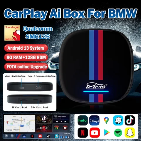 BMW용 MMB 안드로이드 13.0 CarPlay Ai 박스, CarPlay TV 박스 QCM6125 8코어 8+128GB 4GLTE 차량용 액세서리 (넷플릭스, 유튜브, 스포티파이 지원)