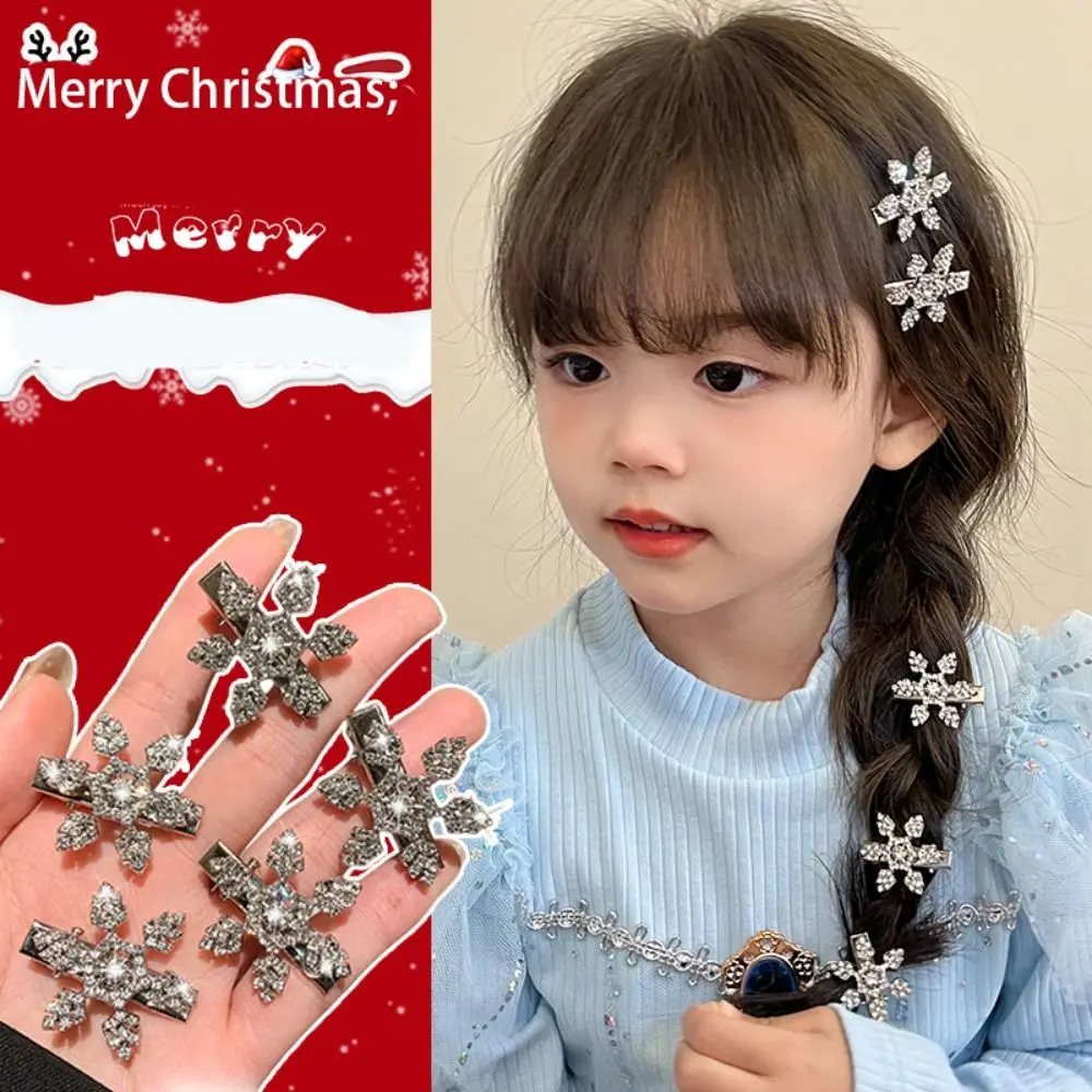 Retro Diamond Rhinestone Snowflake Hairpin Silver Pearl Christmas Hair Clip Duckbill Clip Side Clip Winter
