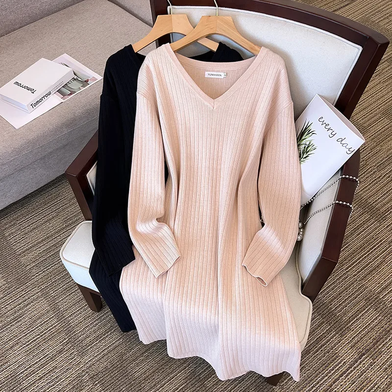 150Kg Plus Size Women's Bust 160 Spring Autumn Winter Loose Long V-Neck Sweater Dress Black Apricot 5XL 6XL 7XL 8XL 9XL