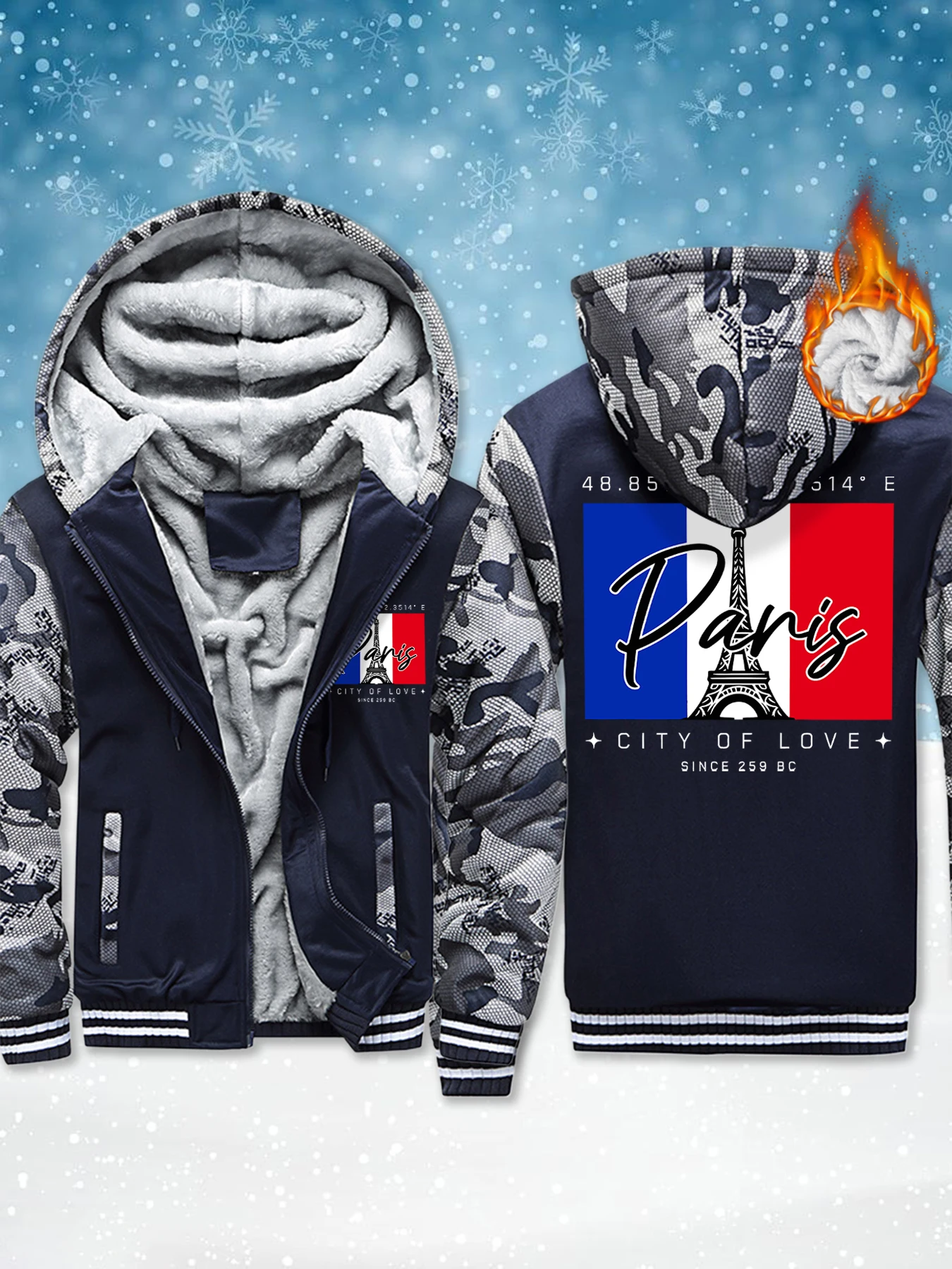 

Paris City Of Love Since 259 Art Letter Prints Mens Fleece Fashion Jacket Basic Winter Coat Thicken Warm Hoodie Comfy Zipper Top