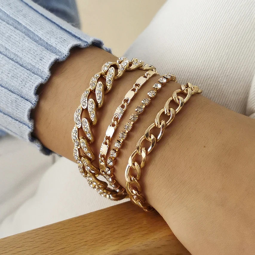 Juego de Pulseras de cadena de diamantes de imitación de Metal pesado Punk para mujeres, brazaletes de cristal ajustables, joyería de mano, regalo Steampunk para hombres