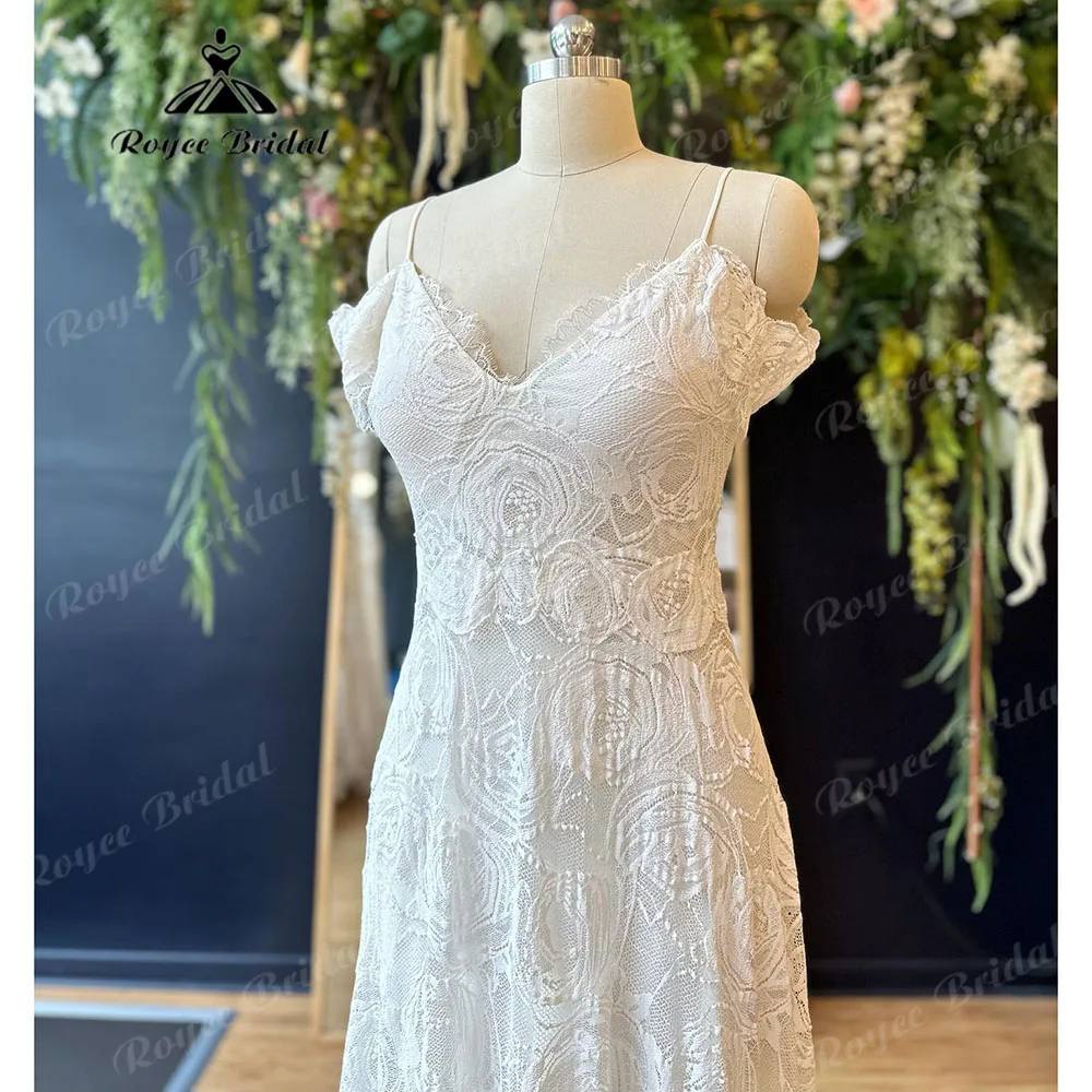 suknia slubna V Neck Lace Floral Beach Off Shoulder Split Middle Boho Wedding Dress Short Cap Sleeve Spaghetti Straps Bride Gown