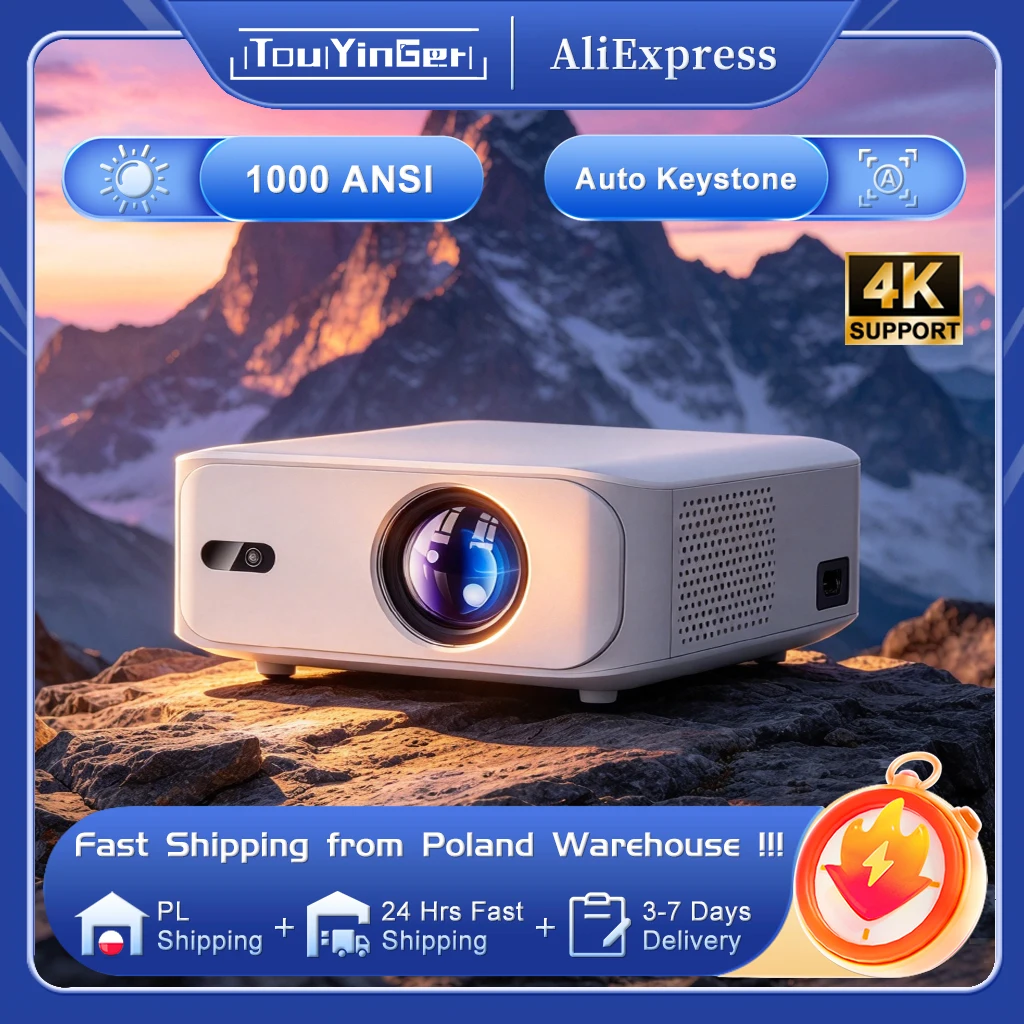 Touyinger L9W Ultra Full HD 1080P projector, 4K ondersteuning, 1000 ANSI lumen, Android 11, mini draagbare videoprojector voor buitengebruik en kamperen, Wi-Fi 6, autofocus, smart tv, home theater