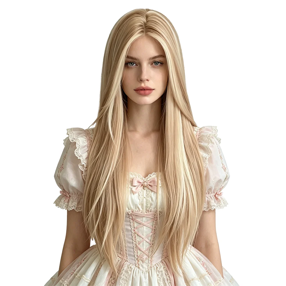 Blonde Balayage Lace Front Wig 24 Inch Long Straight Heat Resistant Synthetic Wig For Women Halloween Cosplay Party Daily Use