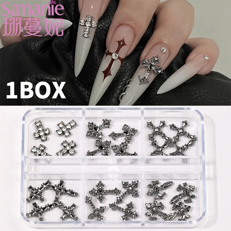 SANANIE 6 Grids Metallic Punk Cross Nail Charms Retro Y2K Gun Black Silver DIY Decorations For Women Girls Manicure Accessories